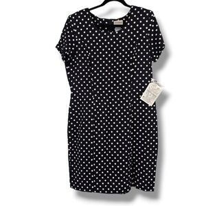 Jennifer James Vintage Polka Dot Sheath Dress Black White Short Sleeve Size 14